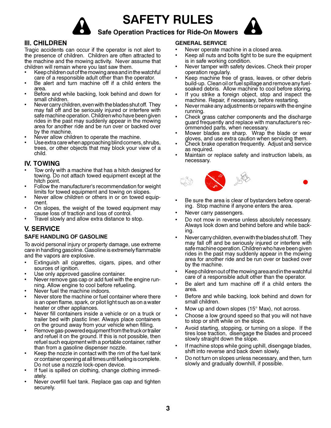 Poulan 411229 manual III. Children, IV. Towing, Safe Handling of Gasoline, General Service 