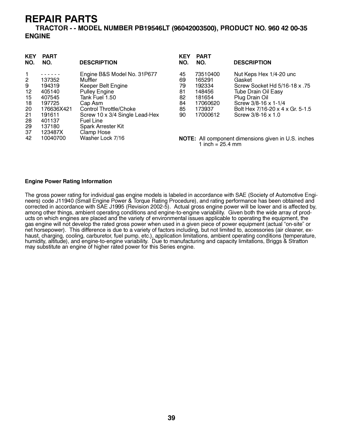 Poulan 411229 manual Engine Power Rating Information 