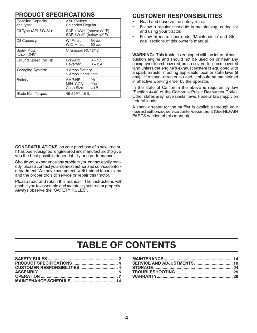 Poulan 411256, 96042003700 manual Table of Contents 