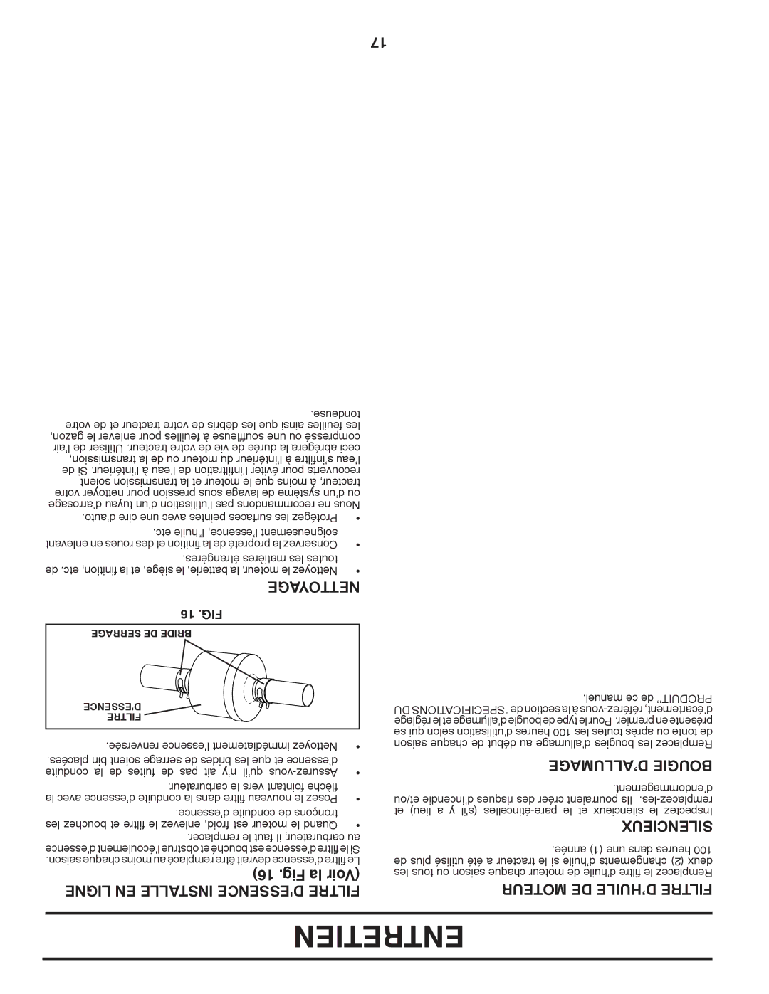 Poulan 411256, 96042003700 manual Entretien, Fig la Voir, ’ALLUMAGE Bougie, Moteur DE D’HUILE Filtre 