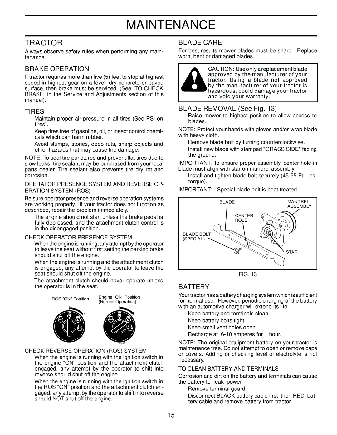 Poulan 411259 manual Tractor, Brake Operation, Tires, Blade Care, Battery 