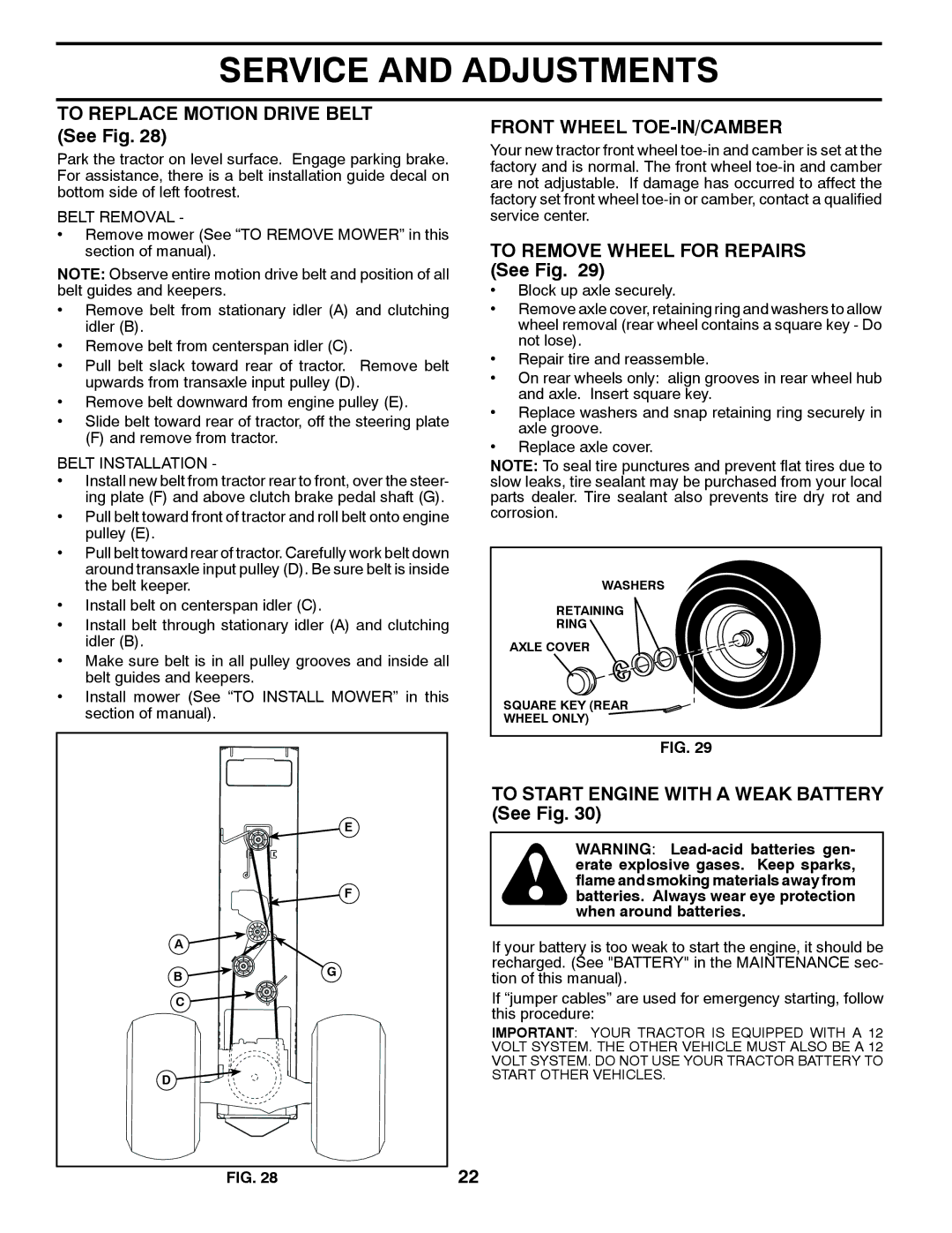 Poulan 411259 manual To Replace Motion Drive Belt See Fig, Front Wheel TOE-IN/CAMBER, To Remove Wheel for Repairs See Fig 