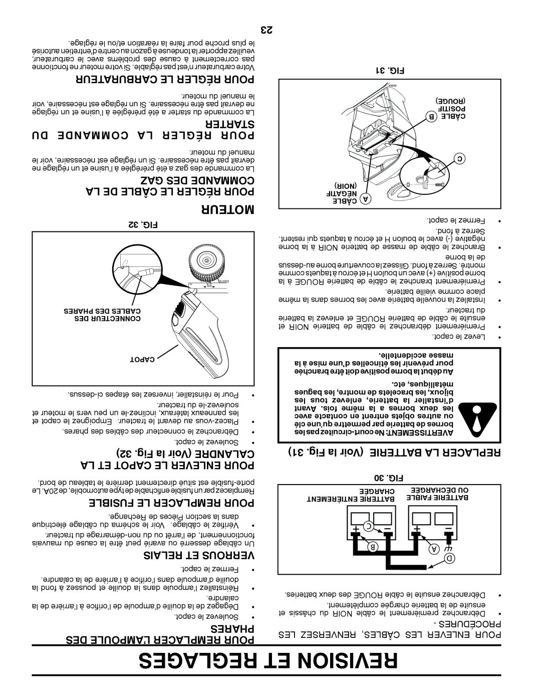 Poulan 411259 manual Reglages ET Revision, Carburateur LE Régler Pour, GAZ DES Commande, Fig la Voir Batterie LA Replacer 