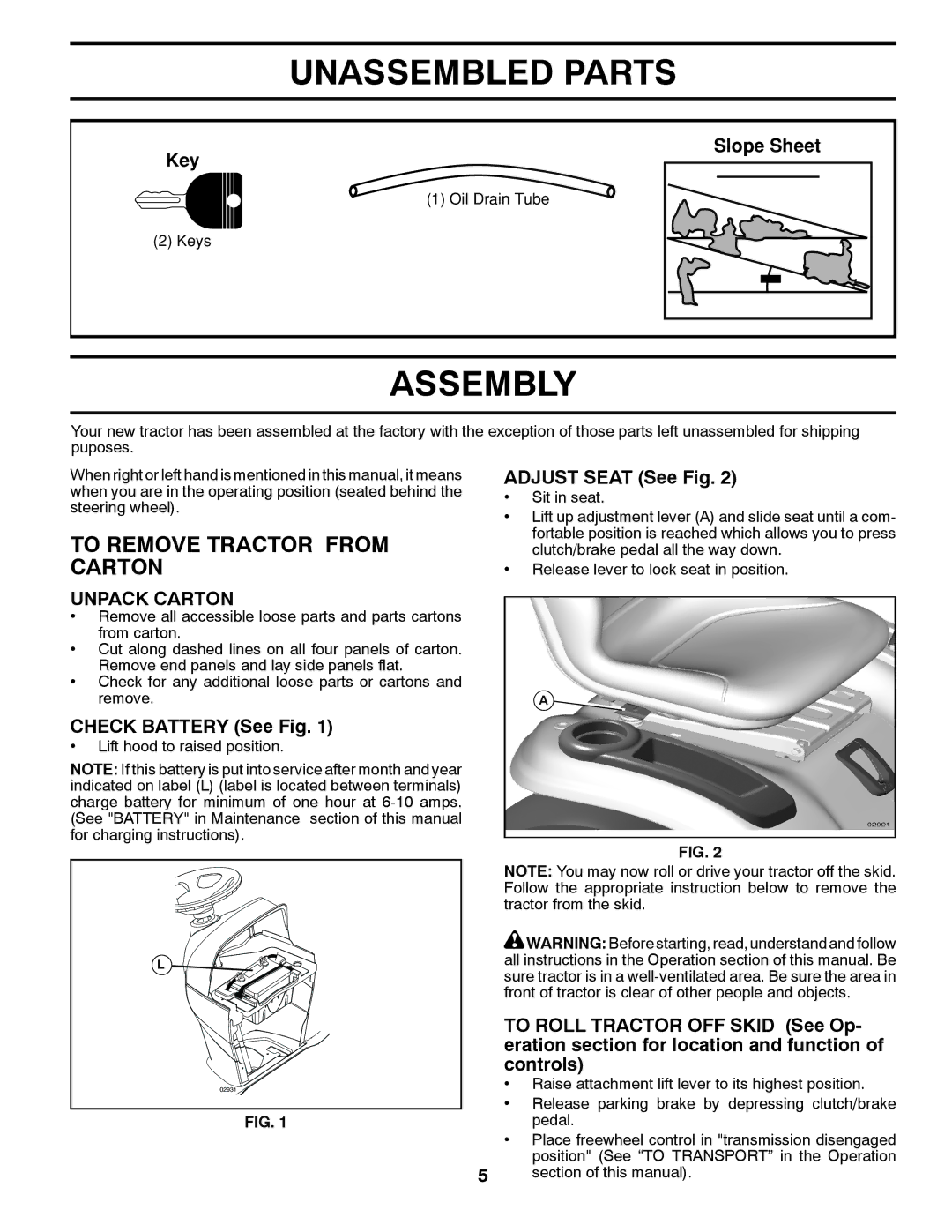 Poulan 411259 manual Unassembled Parts, Assembly, To Remove Tractor from Carton, Unpack Carton 