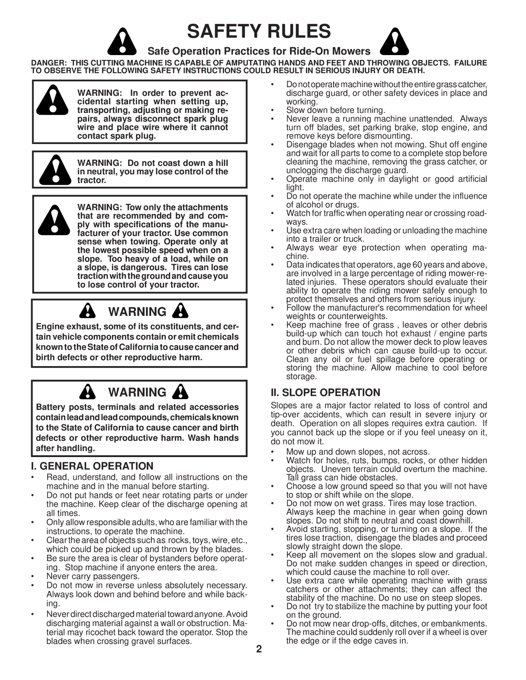 Poulan 411261, 96042003900 manual Safe Operation Practices for Ride-On Mowers, General Operation, II. Slope Operation 