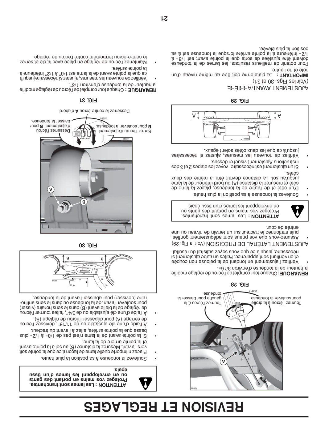 Poulan 411261, 96042003900 manual 31 .FIG, 30 .FIG, AVANT/ARRIÈRE Ajustement, 29 .FIG, 28 .FIG 