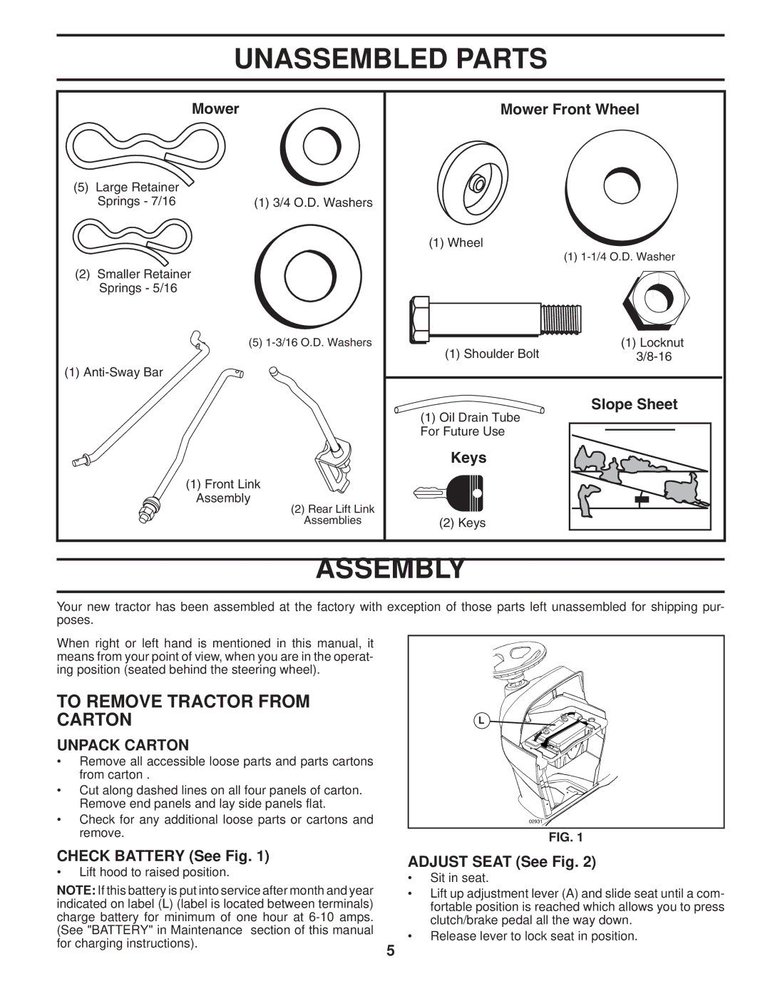 Poulan 96042003900, 411261 manual To Remove Tractor from Carton, Unpack Carton 