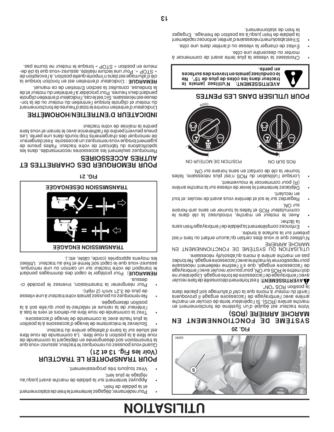 Poulan 411261, 96042003900 manual ’ENTRETIEN/HOROMÈTRE Indicateur, Pentes LES Dans Utiliser Pour, 21 et 13 .Fig les Voir 