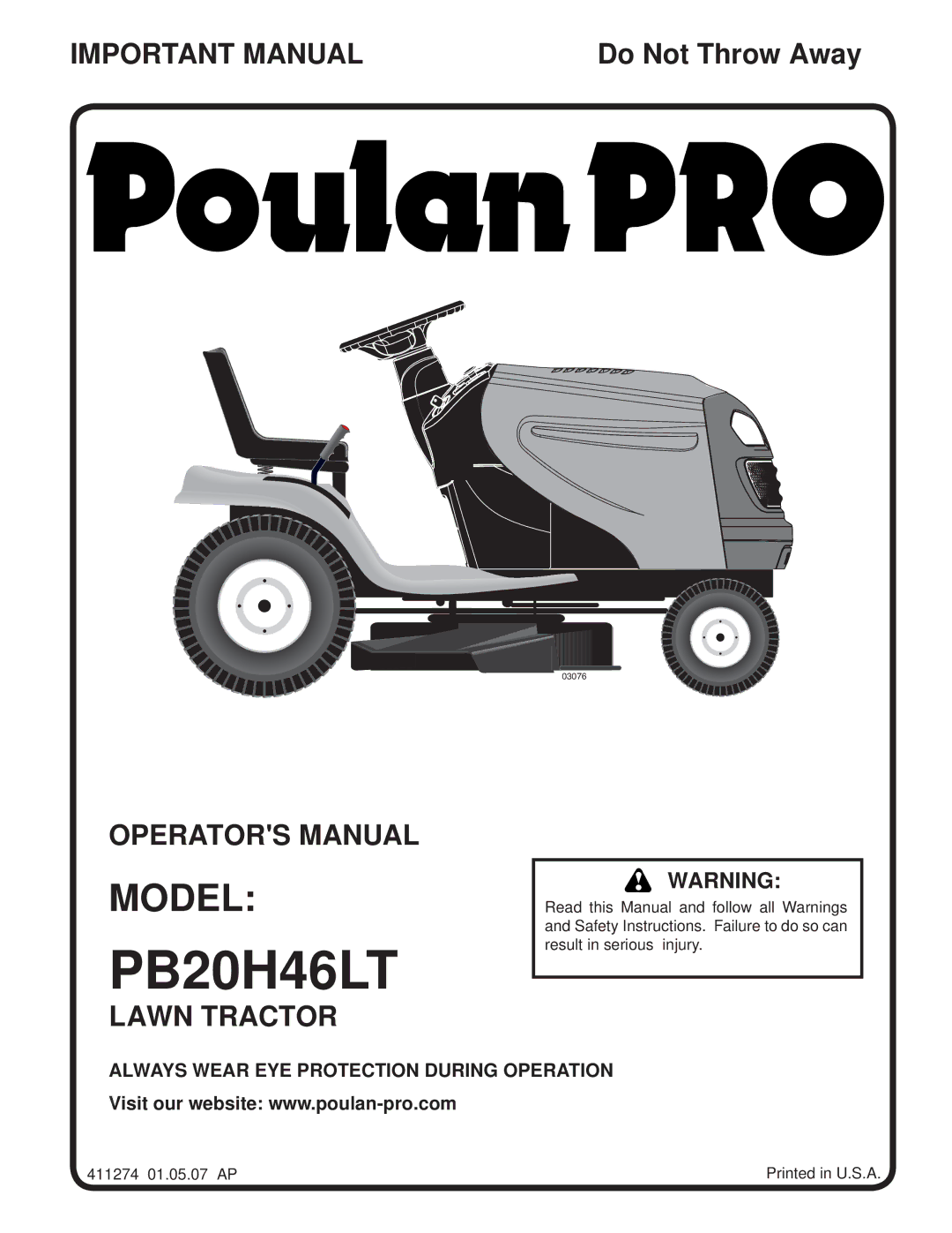 Poulan 96042004201, 411274 manual PB20H46LT, Model 