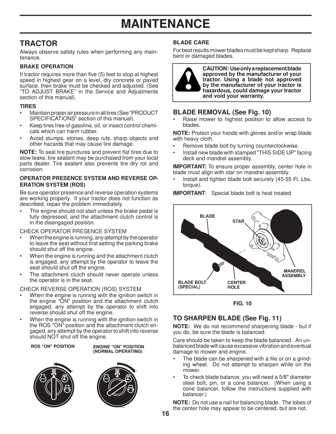 Poulan 411274, 96042004201 manual Tractor, Blade Removal See Fig, To Sharpen Blade See Fig, Check Operator Presence System 