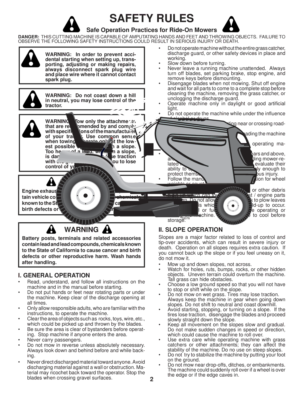 Poulan 411274, 96042004201 manual Safe Operation Practices for Ride-On Mowers, General Operation, II. Slope Operation 