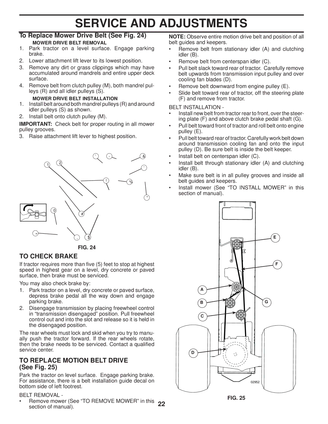 Poulan 411274 To Replace Mower Drive Belt See Fig, To Check Brake, To Replace Motion Belt Drive See Fig, Belt Removal 