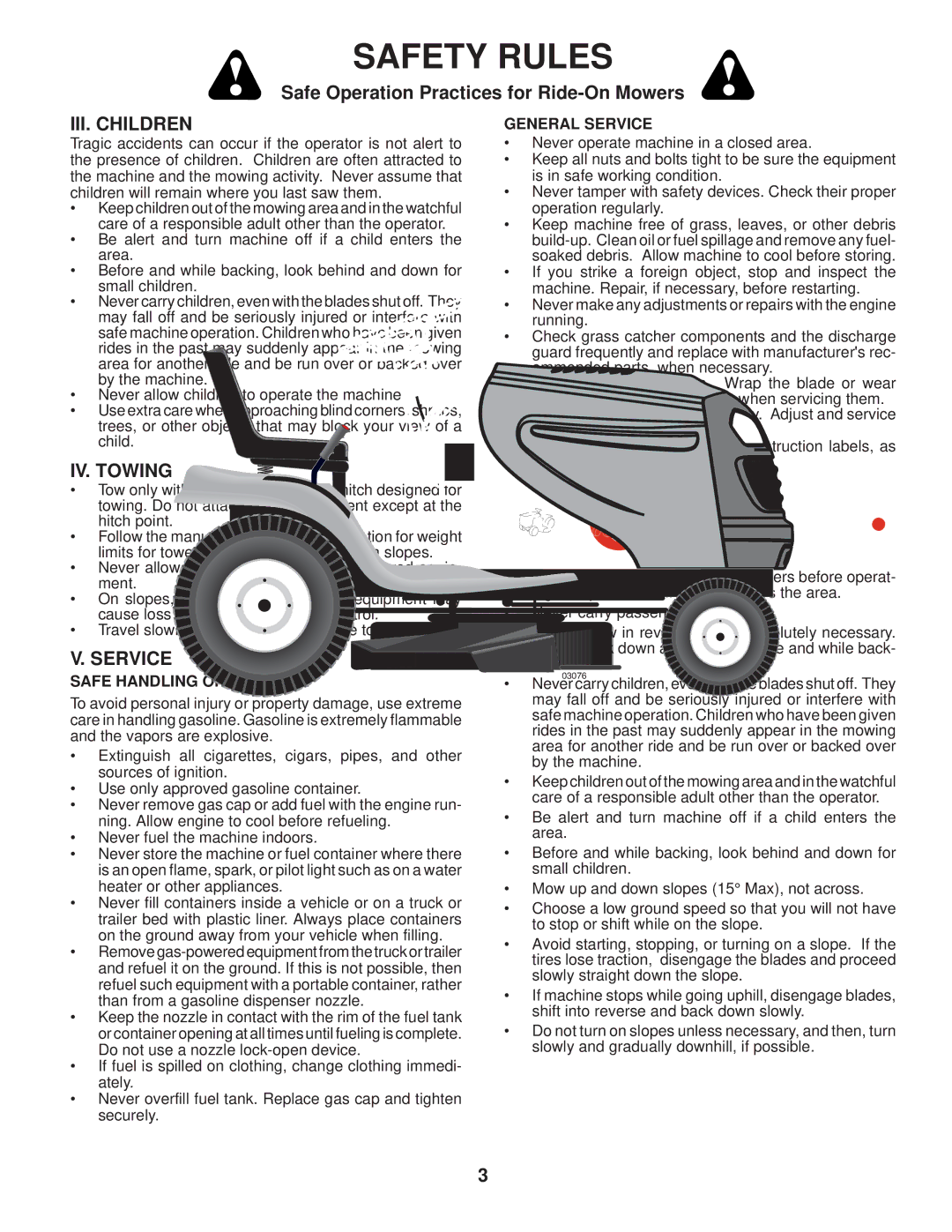 Poulan 96042004201, 411274 manual III. Children, IV. Towing, Service 