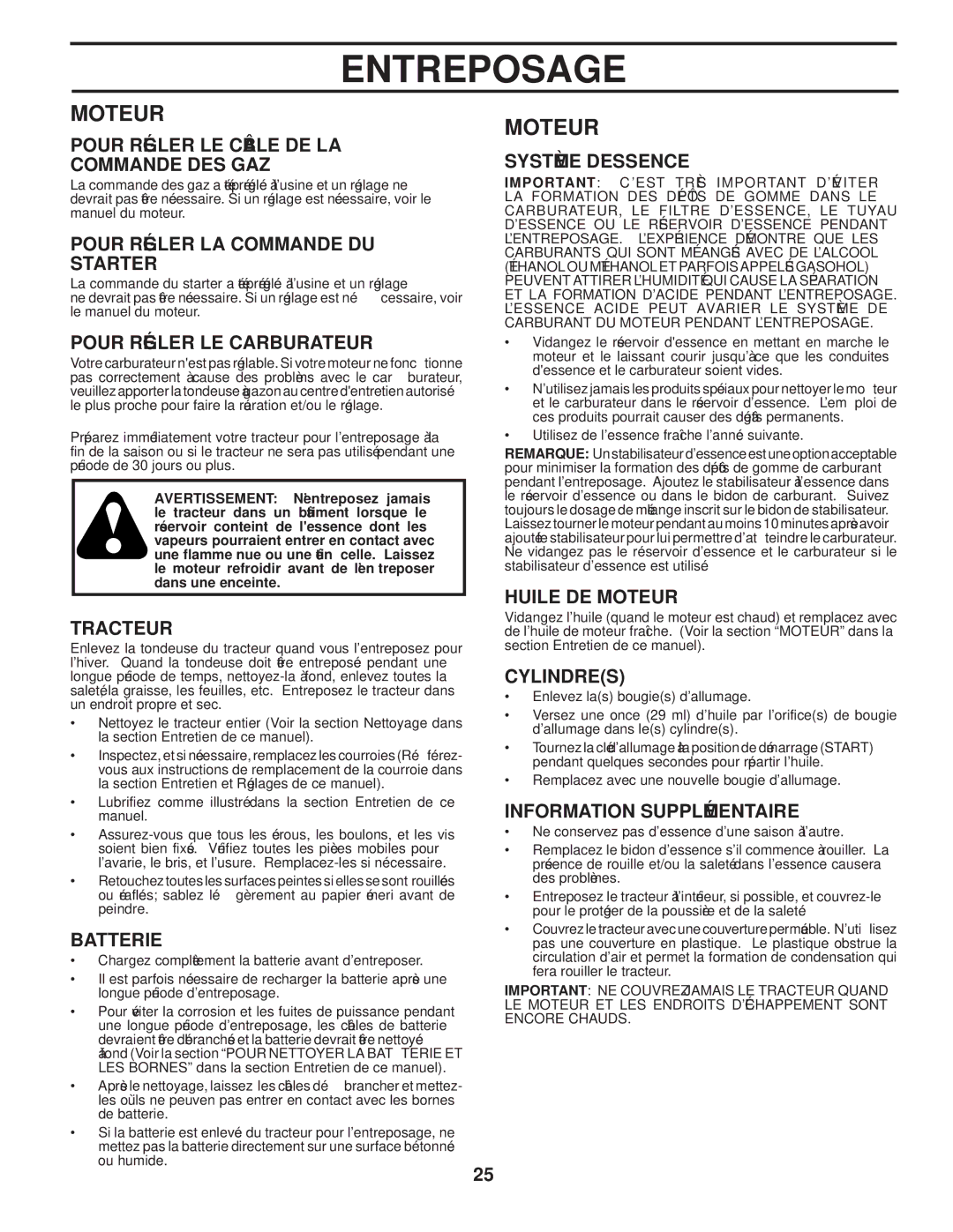 Poulan 411274, 96042004201 manual Entreposage, Moteur, DU Commande LA Régler Pour, GAZ DES Commande 