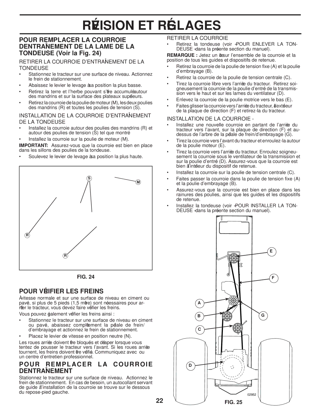 Poulan 96042004201, 411274 manual Courroie Acer Rempl Pour, ’Entraînement, Freins LES Vérifier Pour, 25 .FIG, 24 .FIG 