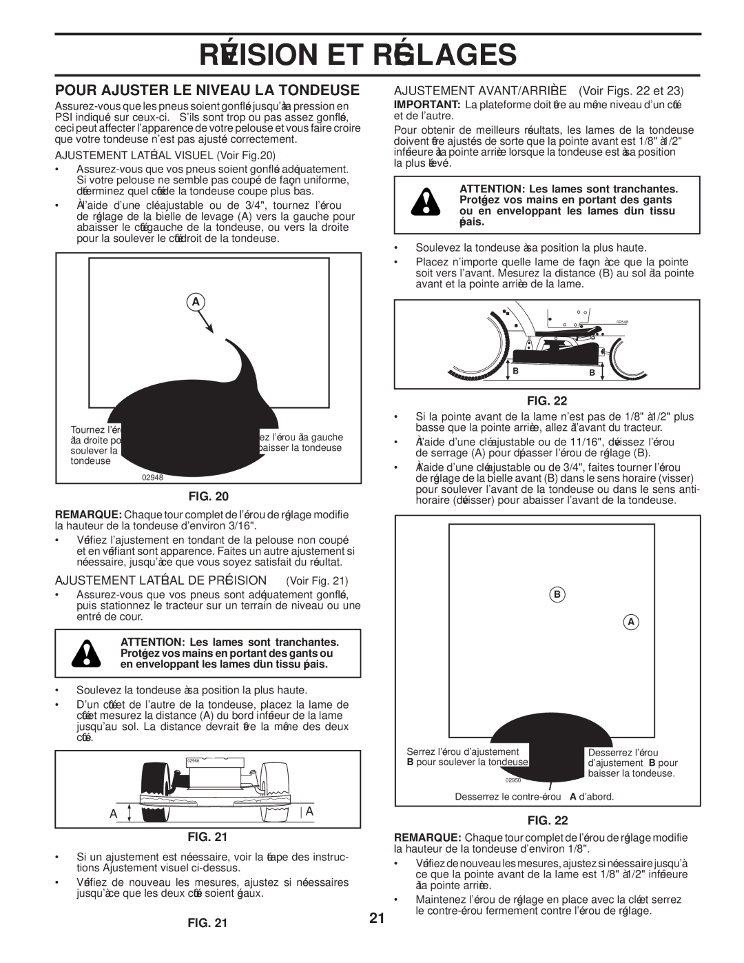 Poulan 411274, 96042004201 manual Tondeuse LA Niveau LE Ajuster Pour, 22 .FIG, 21 .FIG, 20 .FIG 