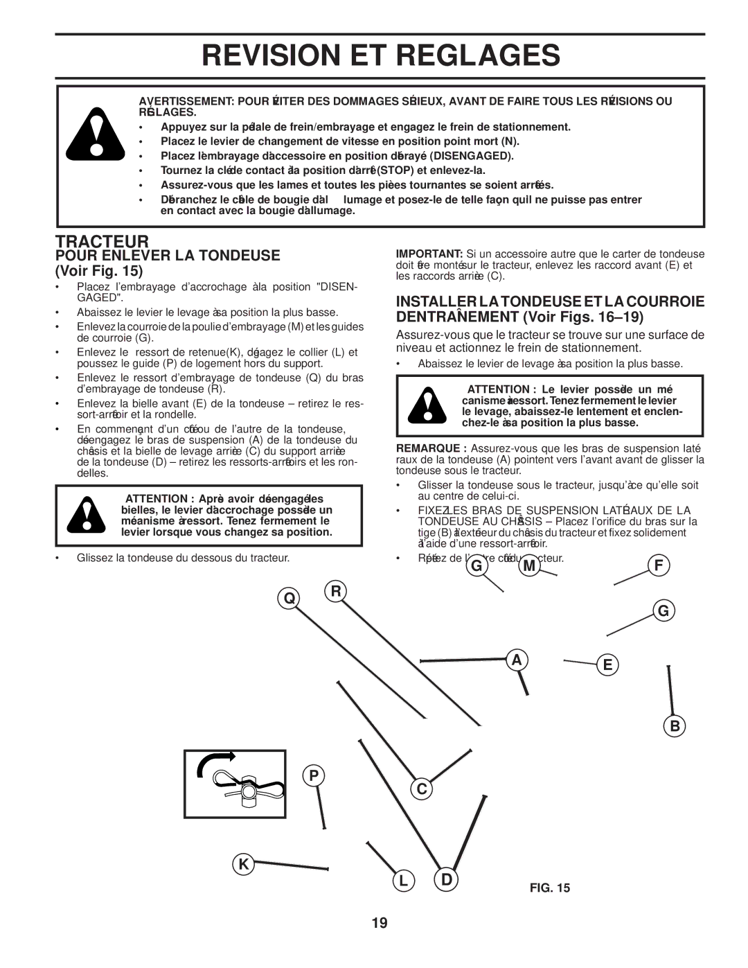 Poulan 411274 Reglages ET Revision, Tracteur, Fig Voir, Courroie LA ET Tondeuse LA Installer, Tondeuse LA Enlever Pour 