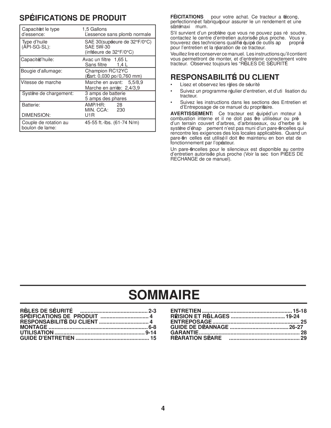 Poulan 96042004201, 411274 manual Sommaire, Client DU Responsabilités, Produit DE Spécifications 