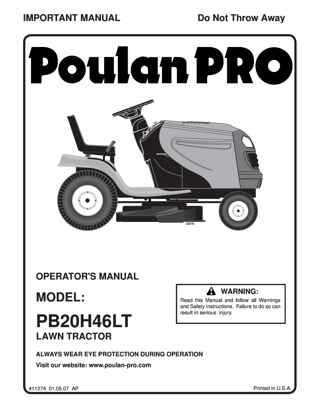 Poulan 96042004201 manual Model, Important Manual, Operators Manual, Lawn Tractor, Do Not Throw Away, PB20H46LT, 03076 
