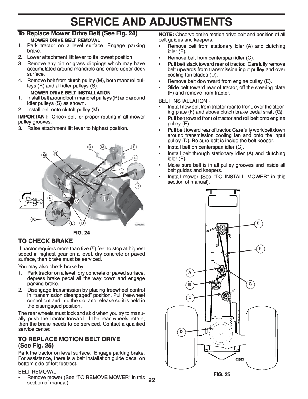 Poulan 411274, 96042004201 manual To Replace Mower Drive Belt See Fig, To Check Brake, TO REPLACE MOTION BELT DRIVE See Fig 
