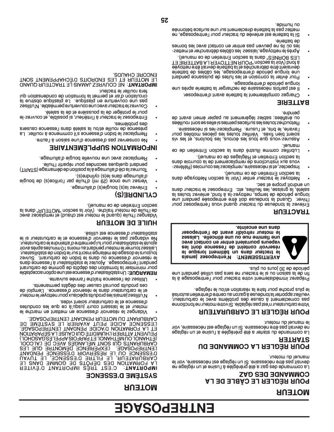 Poulan 411274 Entreposage, Moteur, Du Commande La Régler Pour, Gaz Des Commande, Supplémentaire Information, Cylindres 