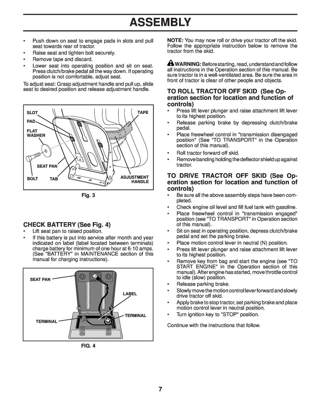 Poulan 96042004201, 411274 manual CHECK BATTERY See Fig, Assembly 
