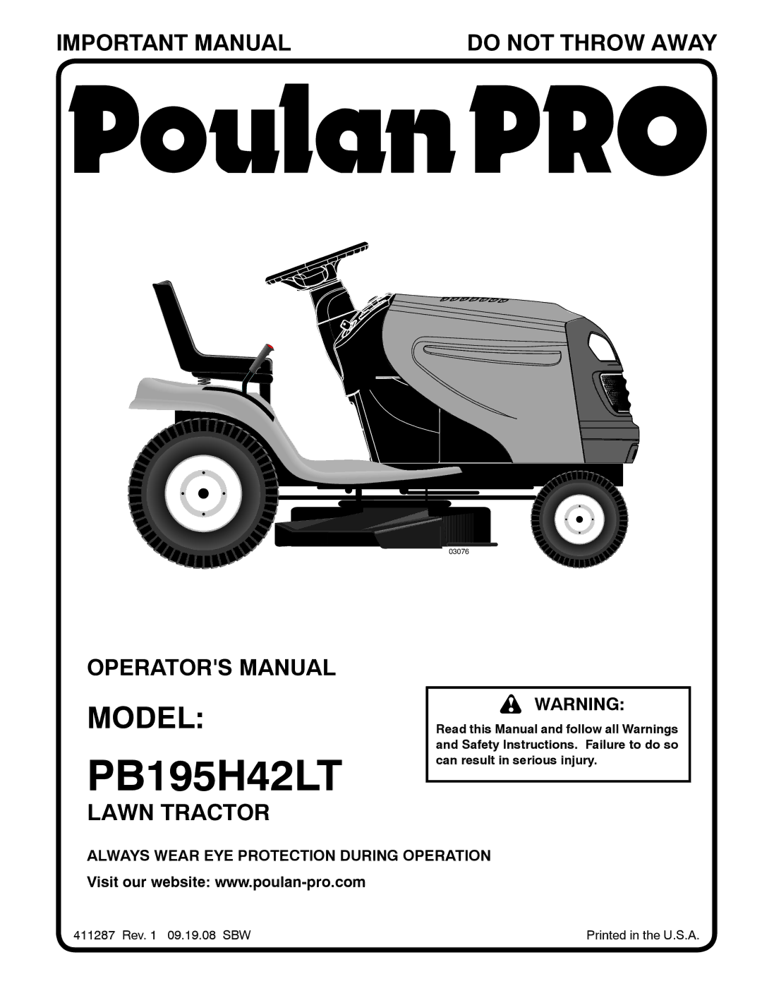 Poulan 411287 manual PB195H42LT, Model 