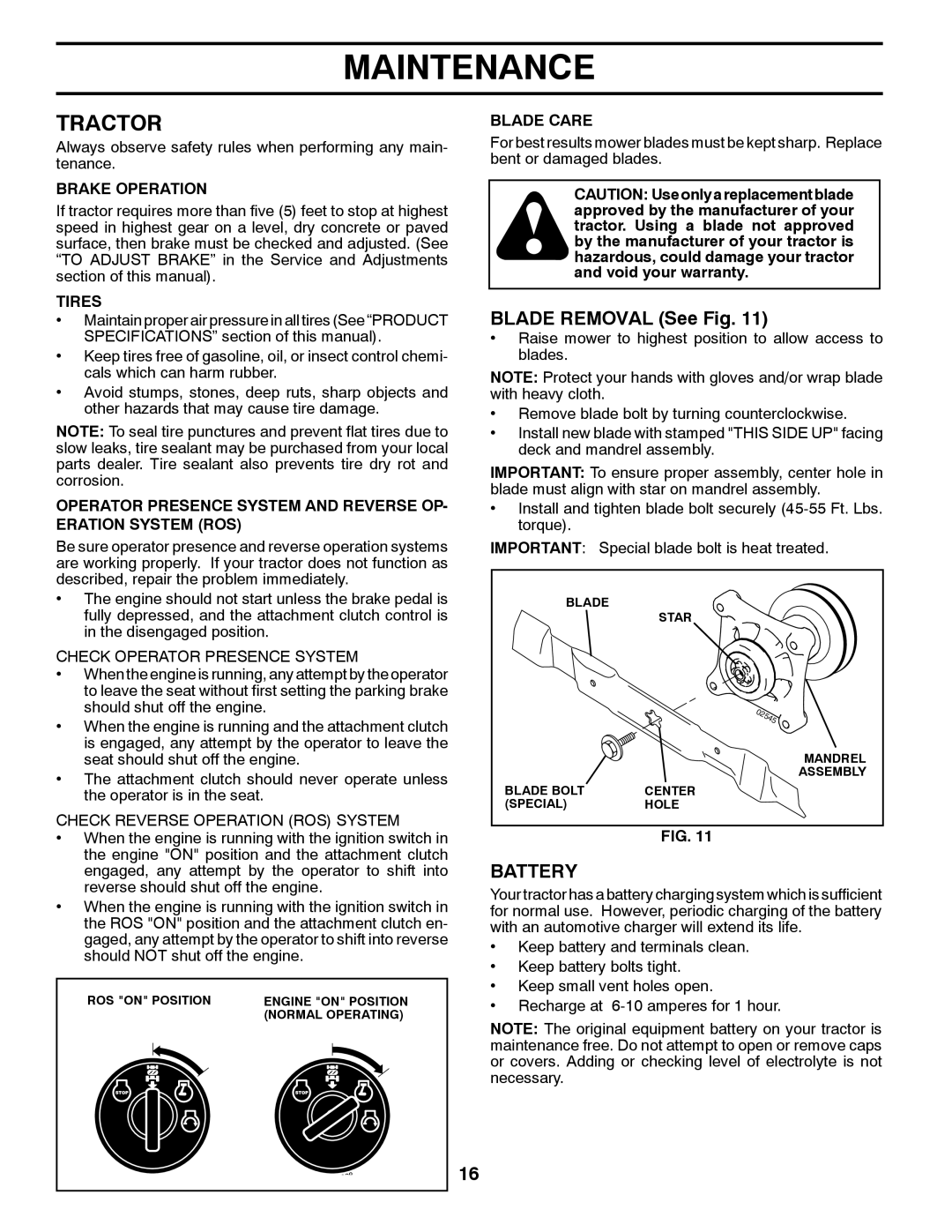 Poulan 411287 manual Tractor, Blade Removal See Fig, Battery, Important Special blade bolt is heat treated 