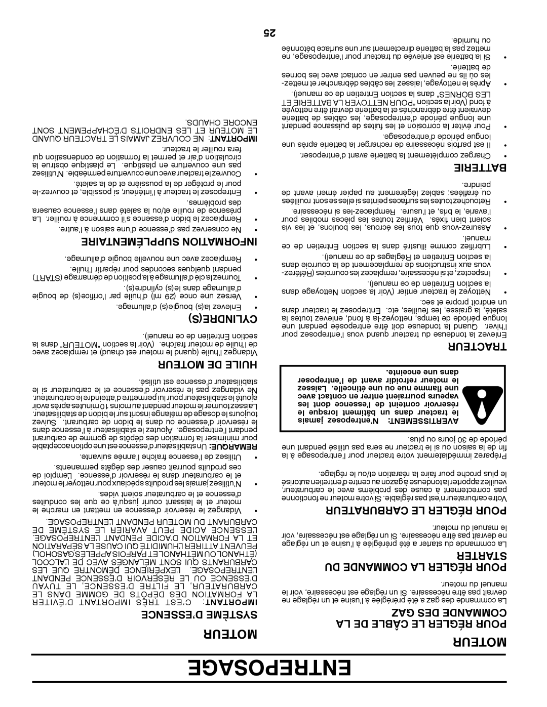 Poulan 411287 manual Entreposage, DU Commande LA Régler Pour, GAZ DES Commande 