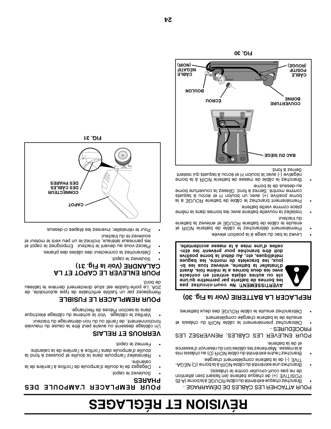 Poulan 411287 manual Réglages ET Révision, Fig la Voir Calandre LA ET Capot LE Enlever Pour, DES L’AMPOULE Remplacer Pour 