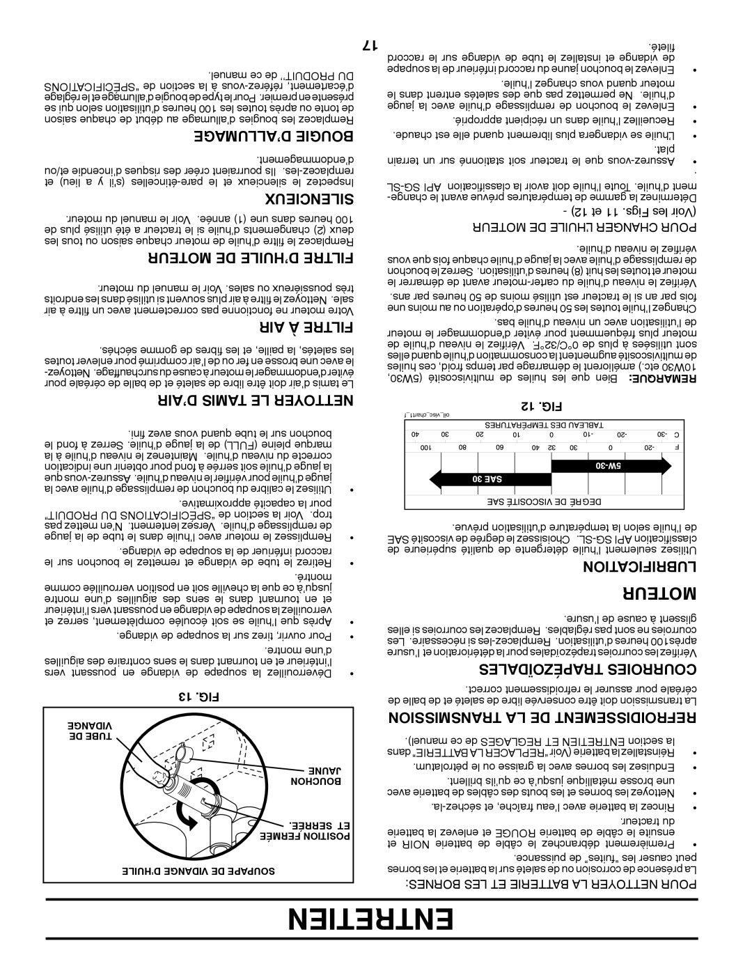 Poulan 411287 manual ’ALLUMAGE Bougie, Silencieux, Moteur DE D’HUILE Filtre, AIR À Filtre, ’AIR Tamis LE Nettoyer 