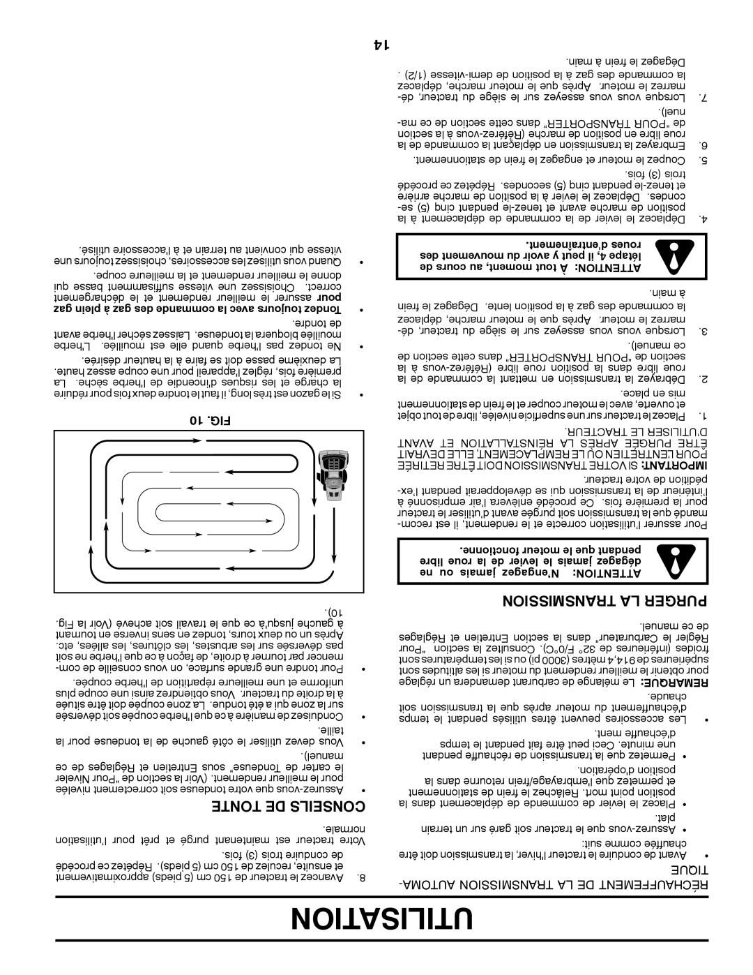 Poulan 411287 manual Utilisation, Transmission LA Purger, Tonte DE Conseils, 10 .FIG 