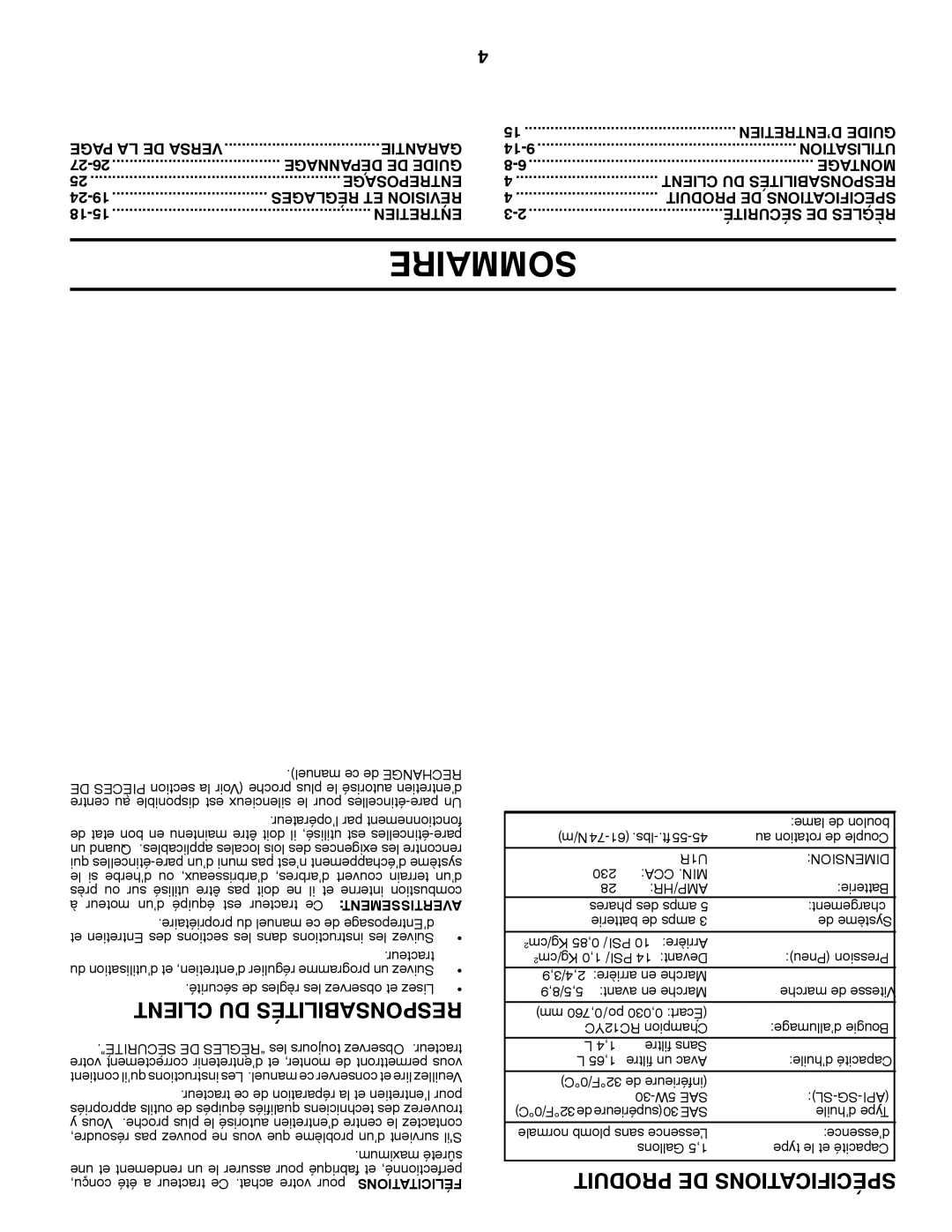 Poulan 411287 manual Sommaire, Garantie, U1R Dimension, Cca .Min Amp/Hr, Sl-Sg-Api 