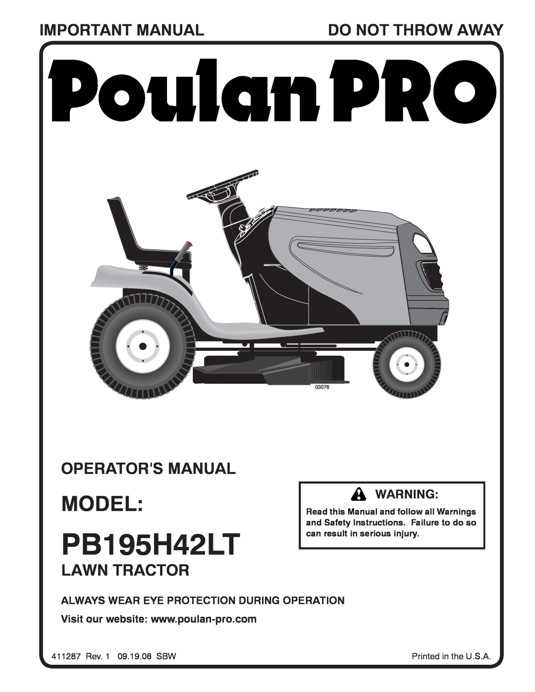 Poulan 411287 manual Model, Important Manual, Do Not Throw Away, Operators Manual, Lawn Tractor, PB195H42LT, 03076 