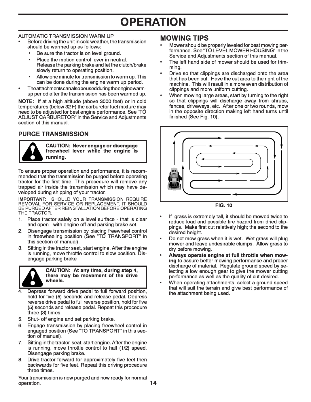 Poulan 411287 manual Mowing Tips, Purge Transmission, Operation 