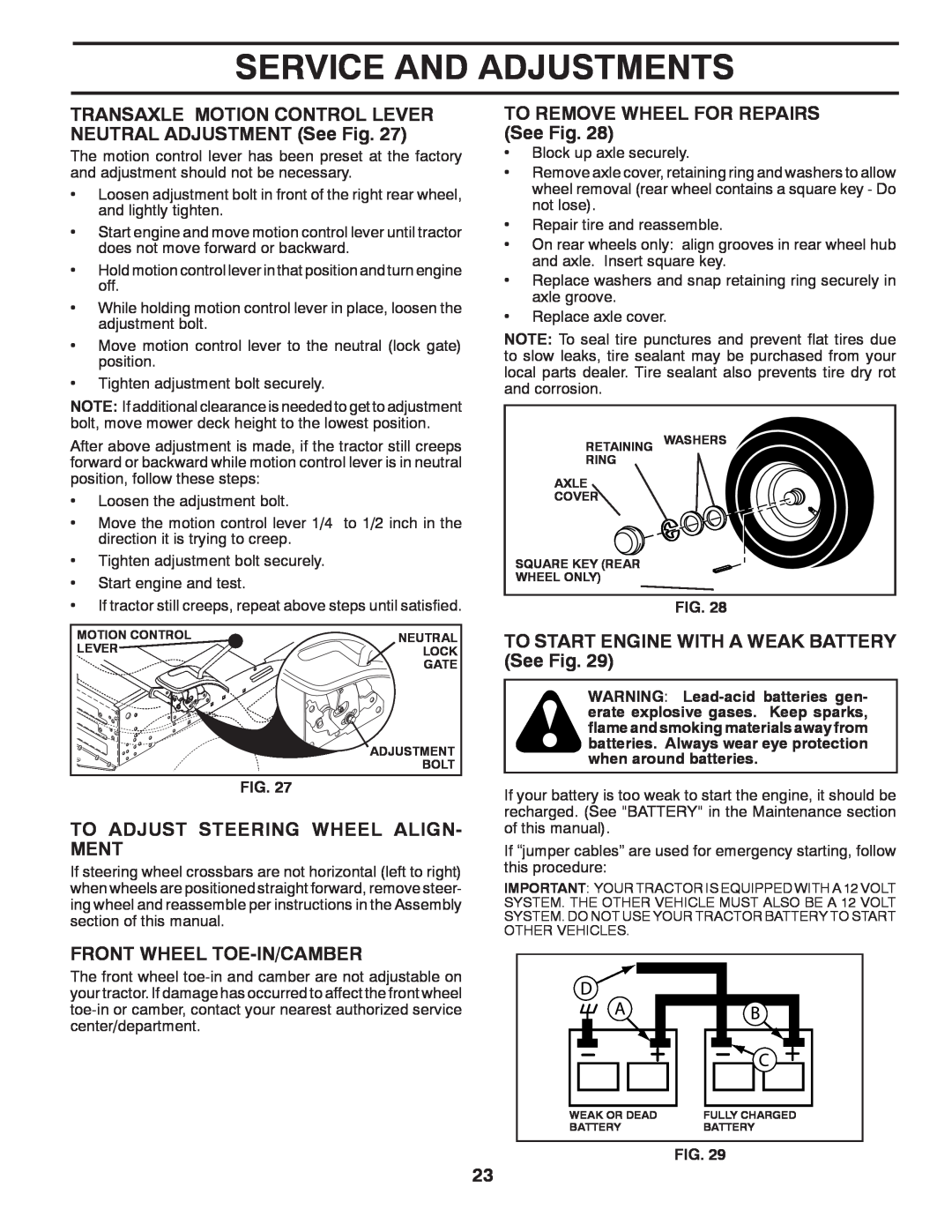Poulan 411287 manual To Adjust Steering Wheel Align- Ment, Front Wheel Toe-In/Camber, TO REMOVE WHEEL FOR REPAIRS See Fig 