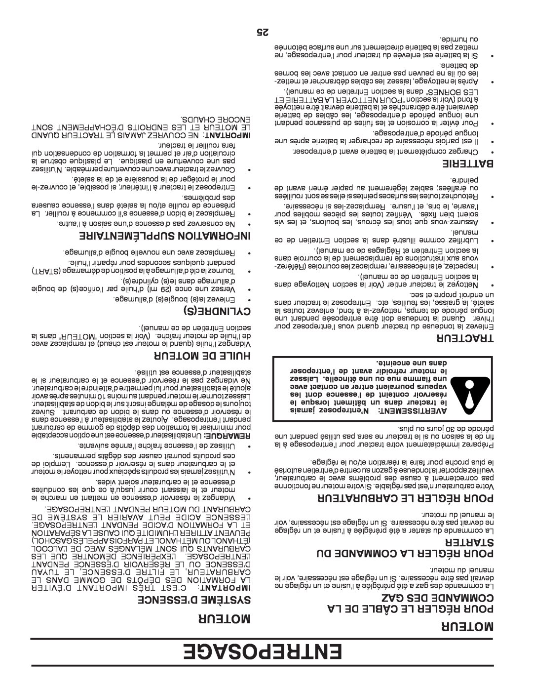 Poulan 411287 Entreposage, Moteur, Du Commande La Régler Pour, Gaz Des Commande, Supplémentaire Information, Cylindres 