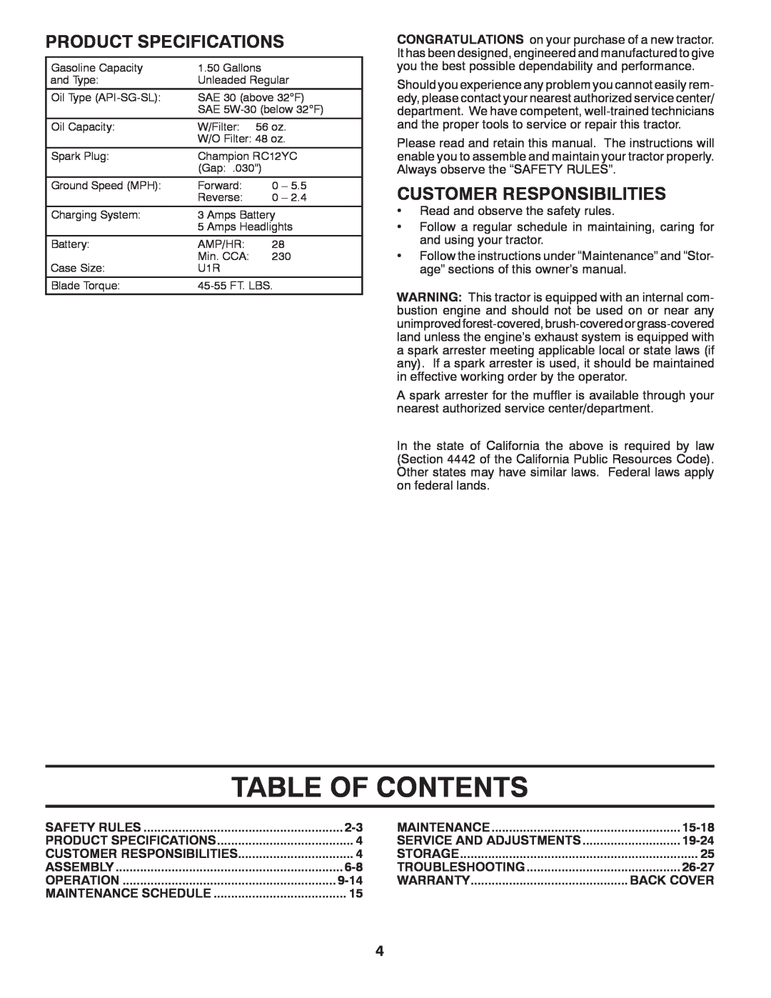 Poulan 411287 manual Table Of Contents, Product Specifications, Customer Responsibilities 