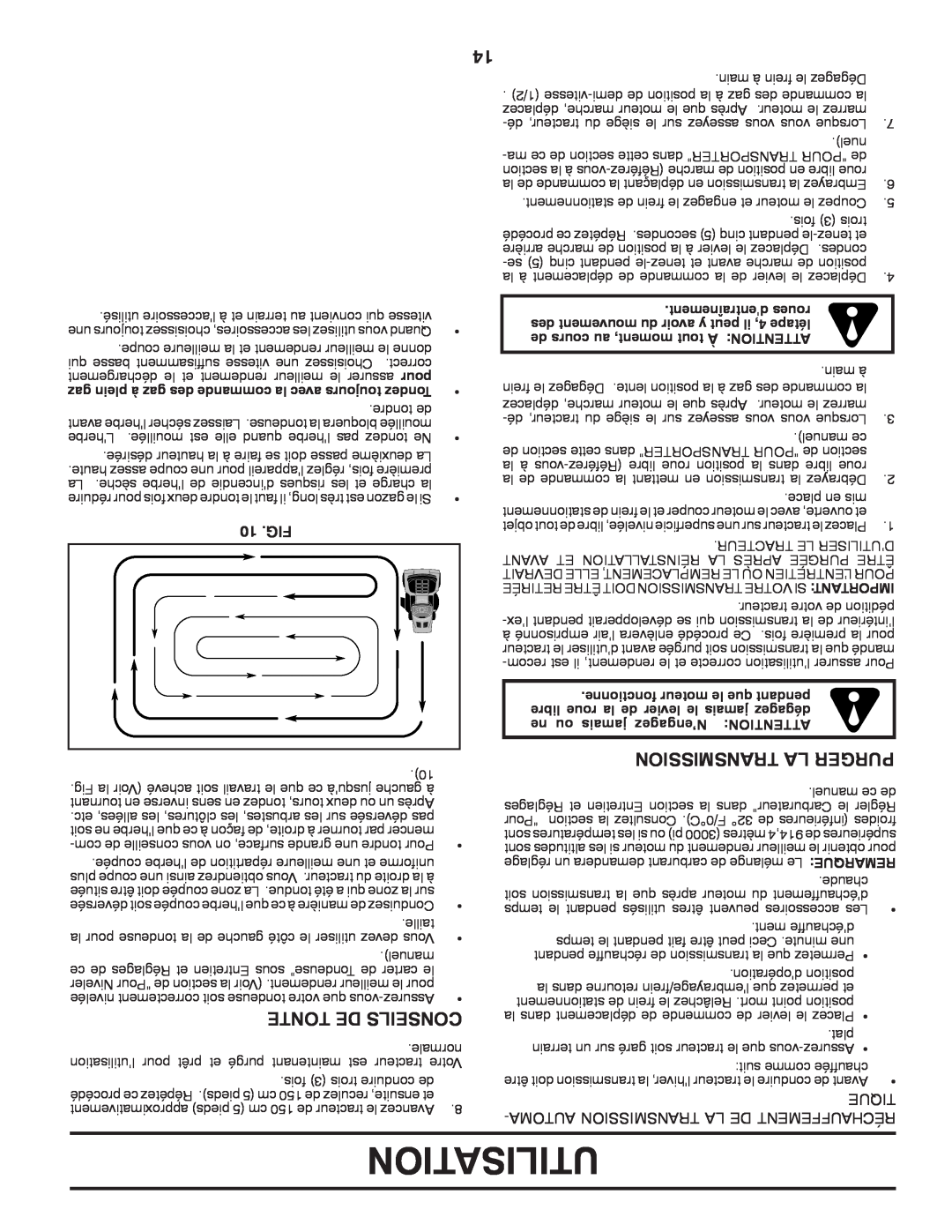 Poulan 411287 manual Utilisation, Transmission La Purger, Tonte De Conseils, dentraînement roues 