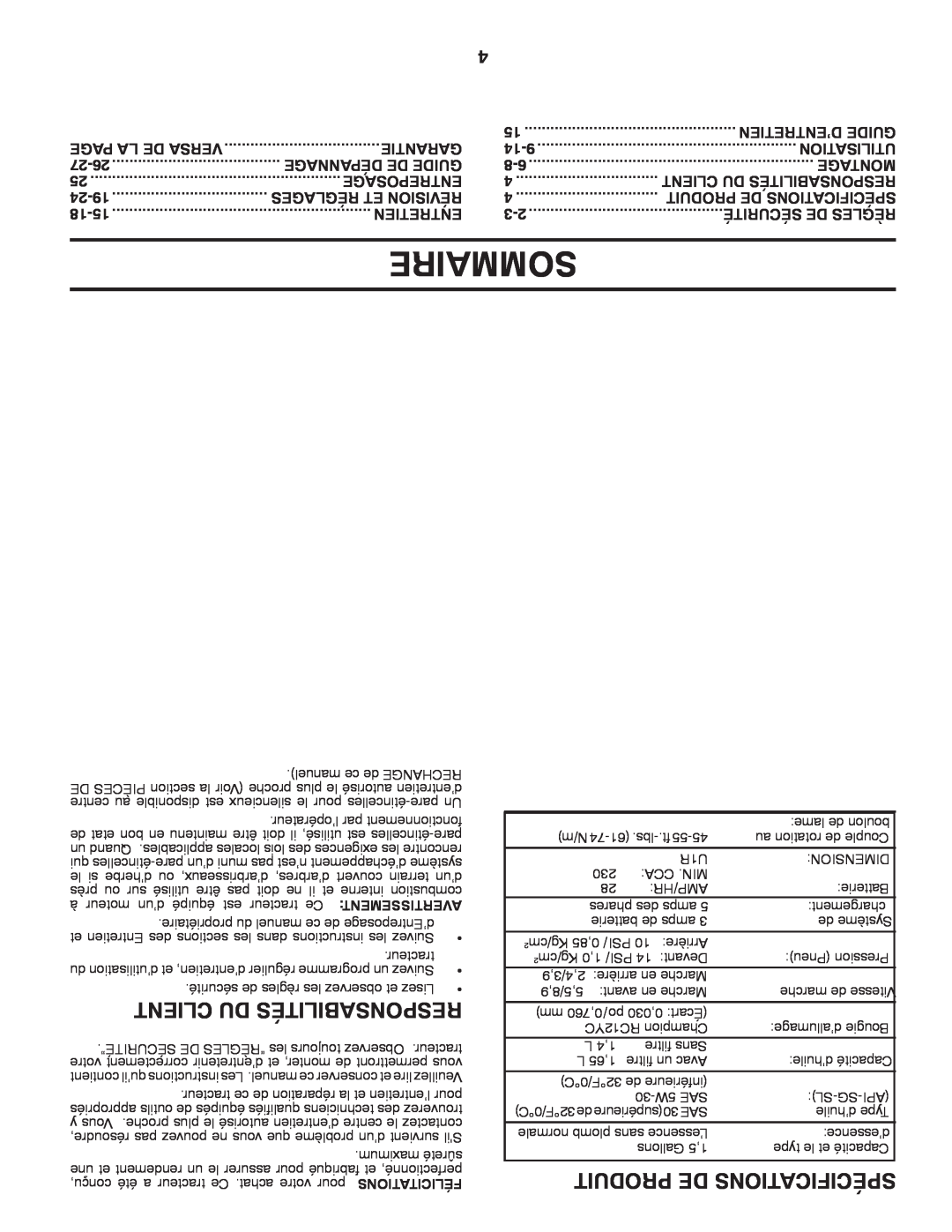 Poulan 411287 manual Sommaire, Client Du Responsabilités, Produit De Spécifications 