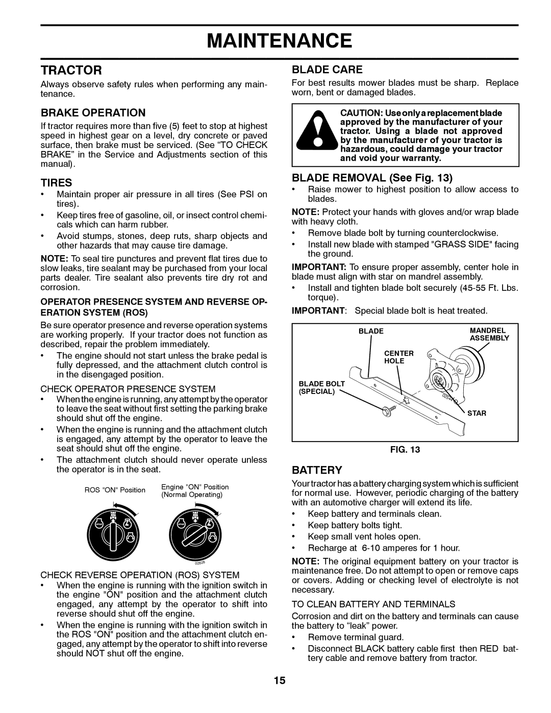 Poulan 412412 manual Tractor, Brake Operation, Tires, Blade Care, Battery 