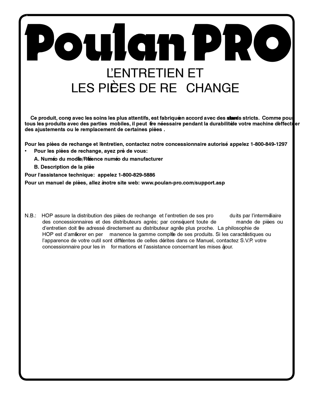 Poulan 412412 manual Changere DE Pièces LES ET L’ENTRETIEN 