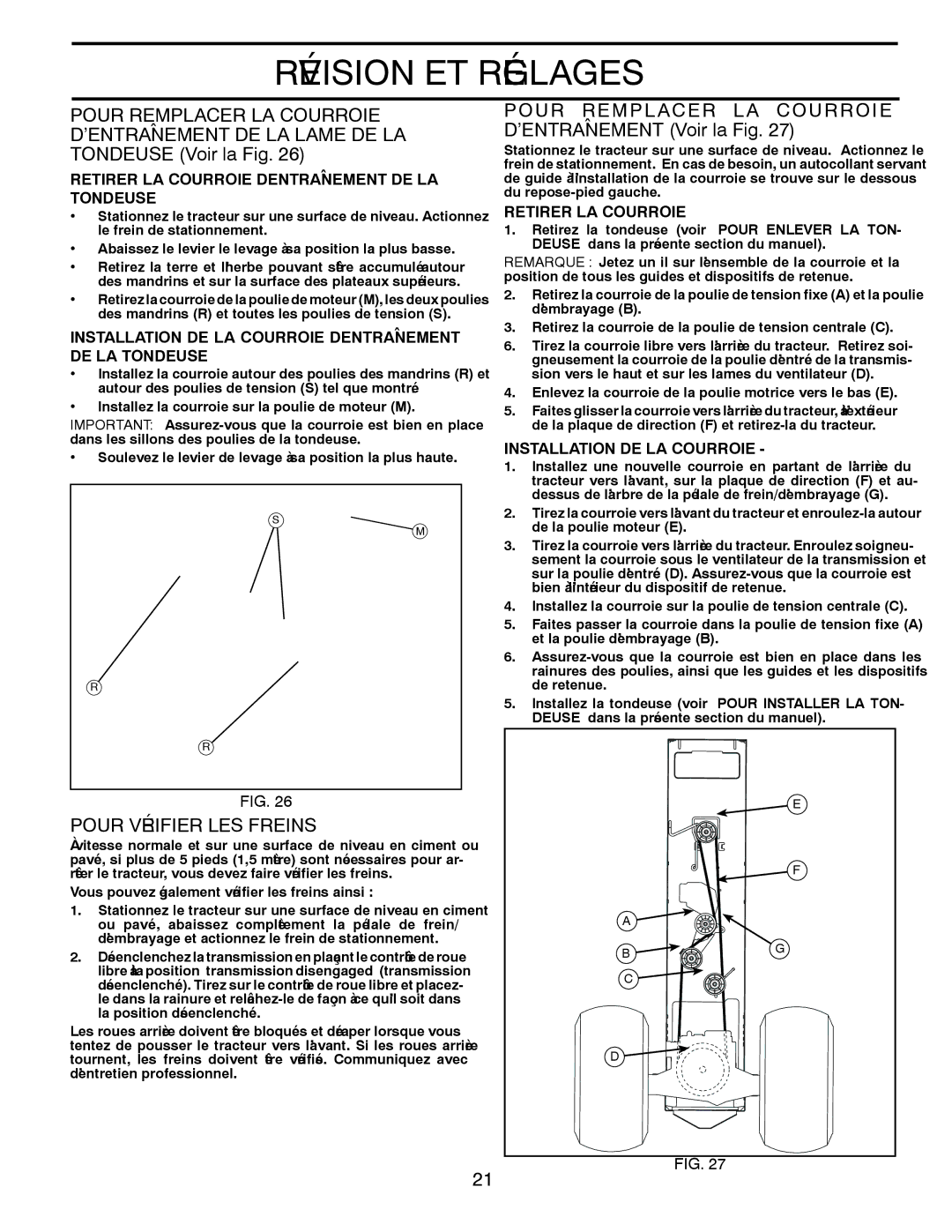 Poulan 412412 Réglages ET Révision, Fig la Voir D’ENTRAÎNEMENT Courroie a L Acer Rempl Pour, Freins LES Vérifier Pour 