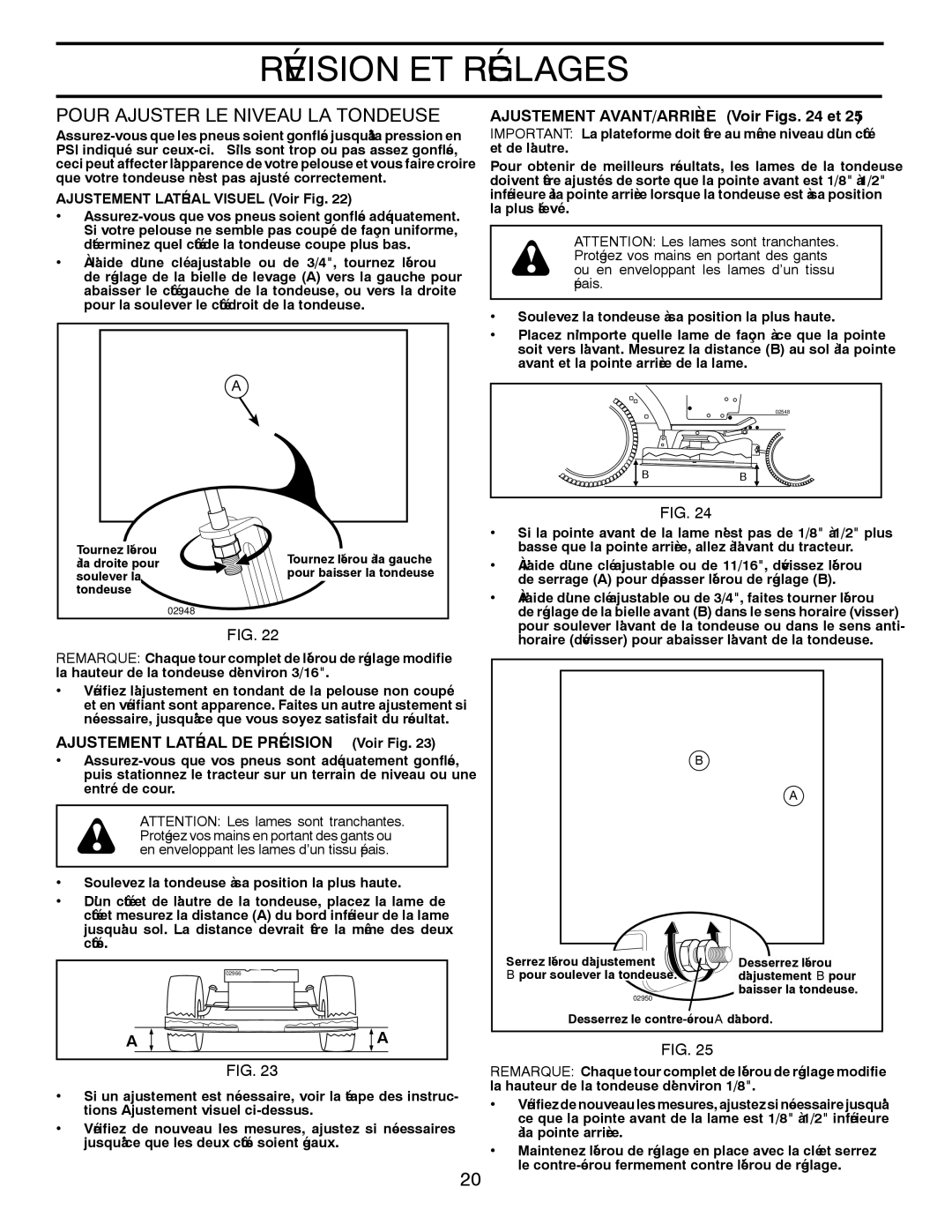 Poulan 412412 manual Tondeuse LA Niveau LE Ajuster Pour, 25 .FIG, 24 .FIG, 23 .FIG, 22 .FIG 