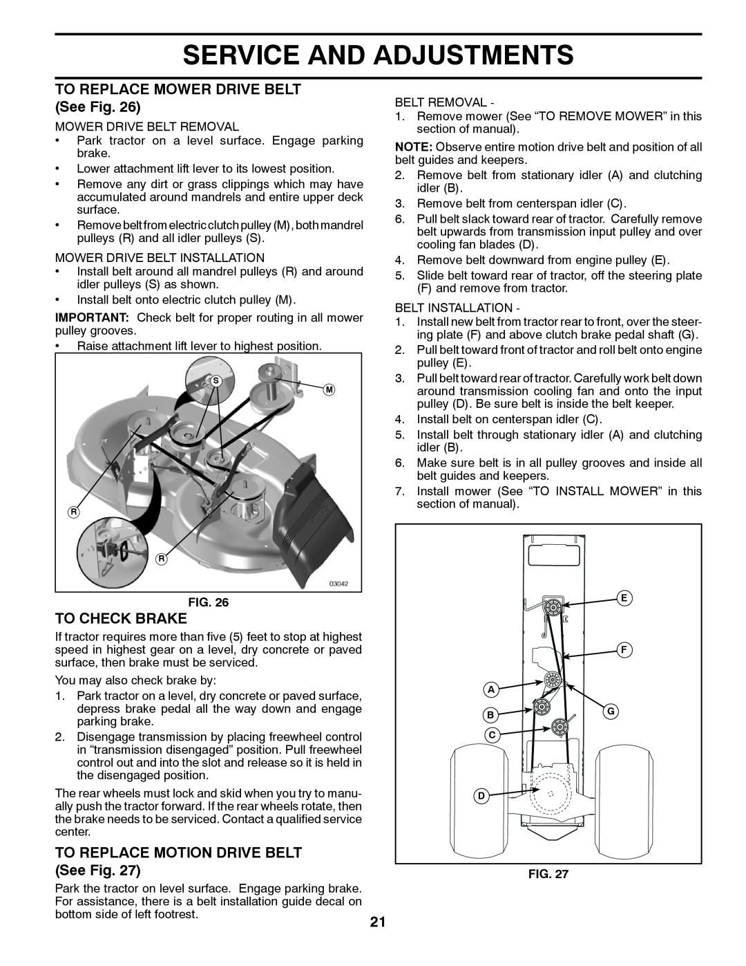 Poulan 412412 TO REPLACE MOWER DRIVE BELT See Fig, To Check Brake, TO REPLACE MOTION DRIVE BELT See Fig, E F A B G C D 