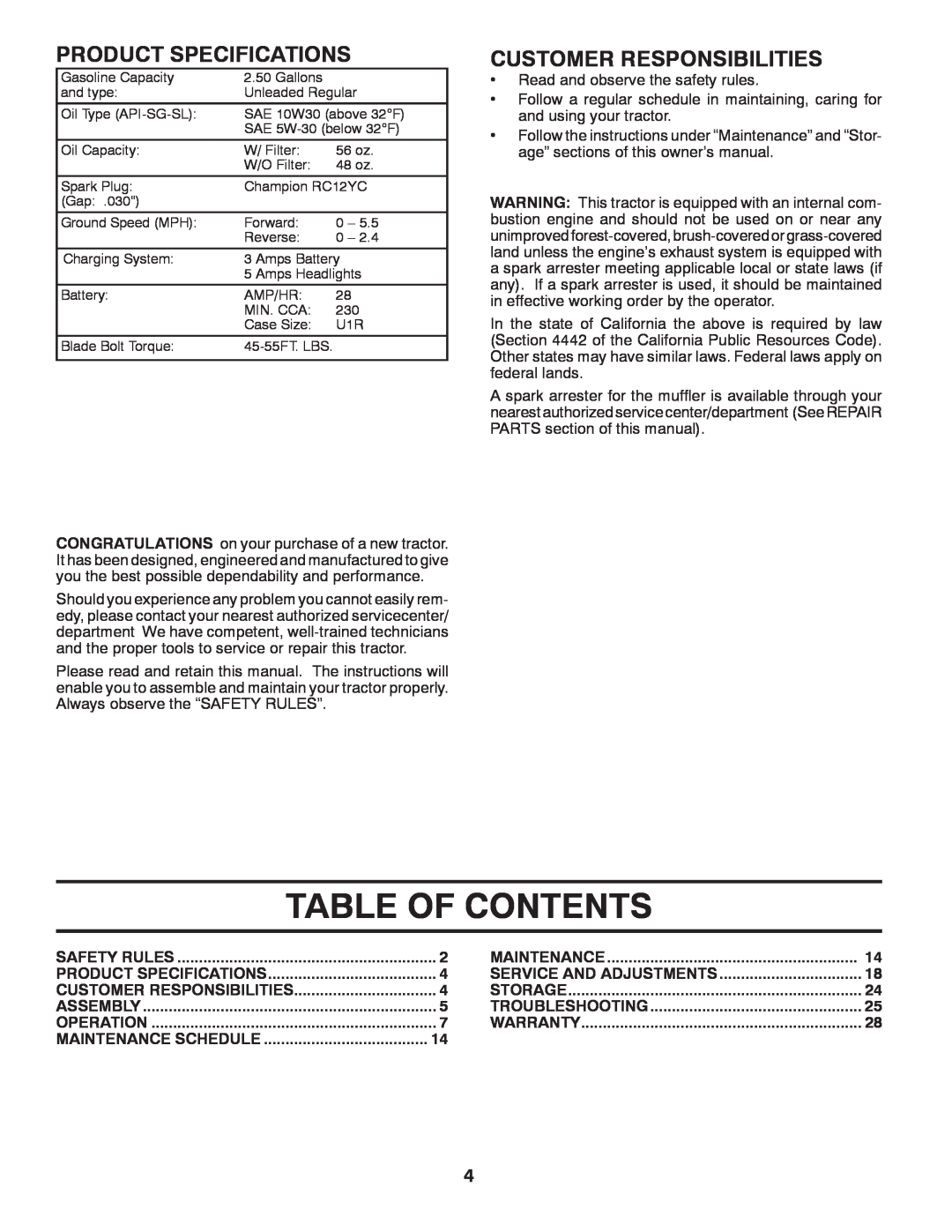 Poulan 412412 manual Table Of Contents, Product Specifications, Customer Responsibilities 