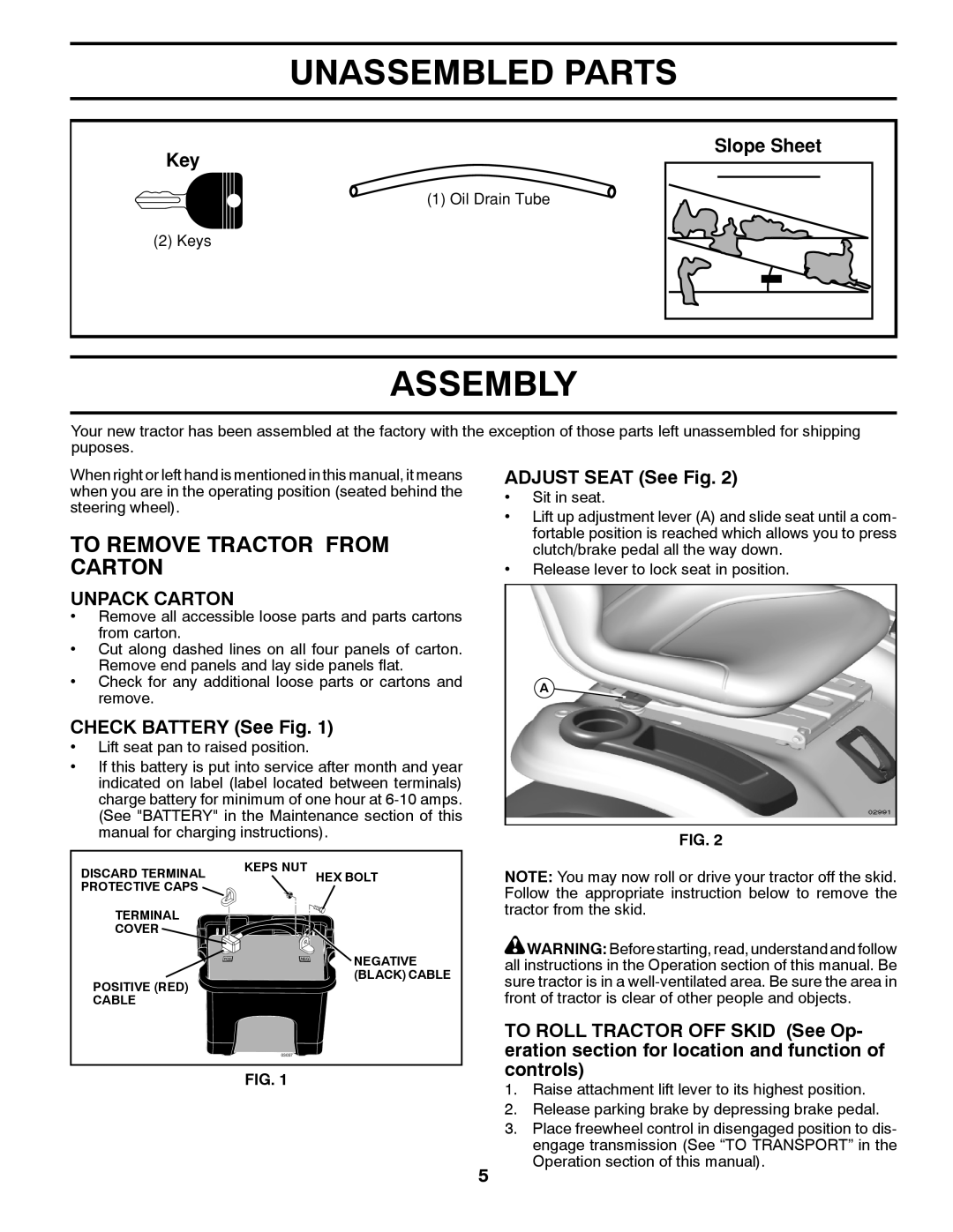 Poulan 412412 manual Unassembled Parts, Assembly, To Remove Tractor From Carton, Slope Sheet Key, Unpack Carton 