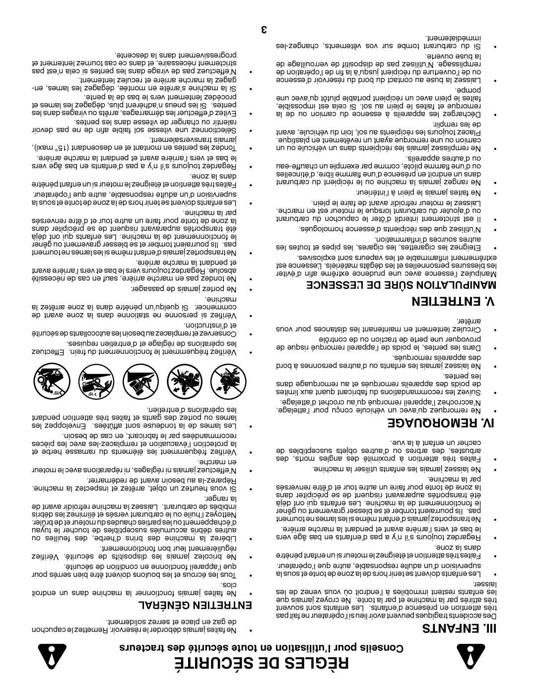 Poulan 412412 manual Sécurité De Règles, Remorquage, Enfants, Général Entretien, tracteurs des sécurité toute 