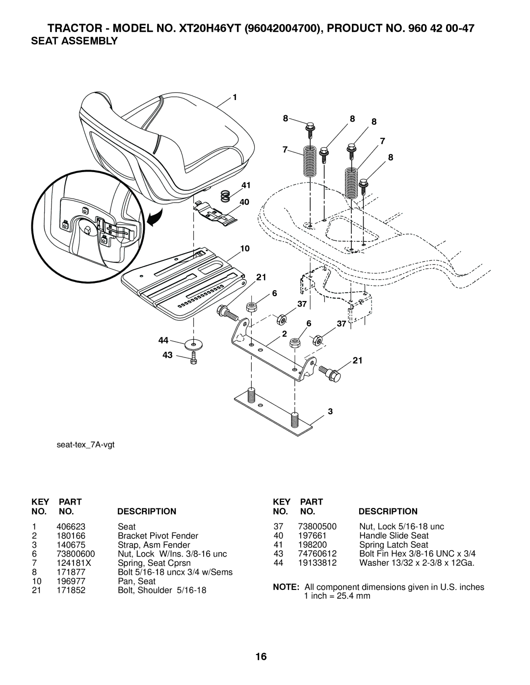 Poulan 412413, 960420047 manual Seat Assembly 