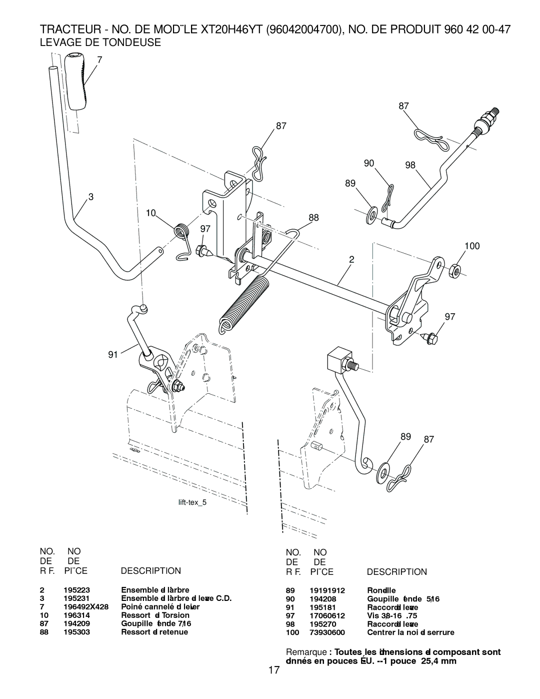 Poulan 412413, 960420047 manual Tondeuse DE Levage 